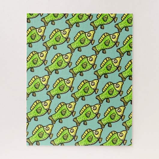 Puzzle Funny Cartoon Green Fish Drawing (Vertical)