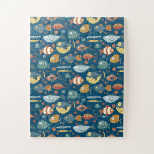 Puzzle Funny Whimsical Océan Poisson Motif bleu