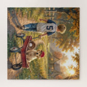 Puzzle Garçon avec wagon rouge et chiot retriever doré (Horizontal)