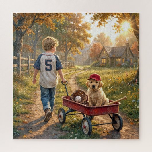 Puzzle Garçon avec wagon rouge et chiot retriever doré (Vertical)