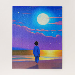 Puzzle Garçon sur la plage, regardant la lune