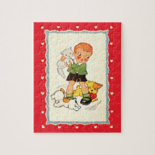 Puzzle Garçon vintage sauvant un chaton de chiots de cour