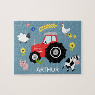 Puzzle Garçons Cute Blue Farm Tracteur et nom Enfants