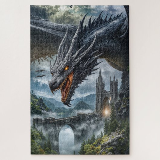 Puzzle Garde du dragon noir protégeant un château de mont (Vertical)