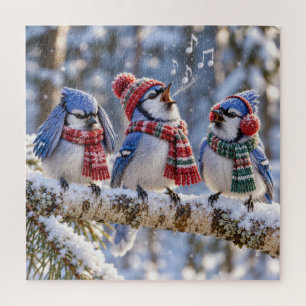 Puzzle Geais bleus sur une branche d'arbre en hiver