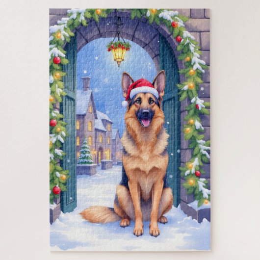 Puzzle German Shepherd Snowy Town Gate Santa Christmas (Vertical)