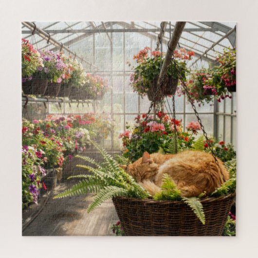 Puzzle Ginger Cat Napping in Hanging Fern Basket (Vertical)