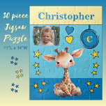 Puzzle Girafe nom photo bleu jaune enfants<br><div class="desc">Puzzle de 30 pièces pour enfants. Doté d'une jolie girafe,  d'étoiles et de coeurs d'amour. Ajoutez un nom,  une initiale et une photo. Plan de couleurs : bleu et jaune Idée cadeau pour enfants.</div>