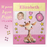 Puzzle Girafe nom photo gosses rose jaune<br><div class="desc">Puzzle de 30 pièces pour enfants. Doté d'une jolie girafe,  d'étoiles et de coeurs d'amour. Ajoutez un nom,  une initiale et une photo. Plan de couleurs : rose et jaune Idée cadeau pour enfants.</div>