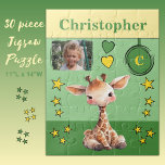Puzzle Girafe nom photo vert jaune enfants<br><div class="desc">Puzzle de 30 pièces pour enfants. Doté d'une jolie girafe,  d'étoiles et de coeurs d'amour. Ajoutez un nom,  une initiale et une photo. Modèle de couleurs : vert et jaune Idée cadeau pour enfants.</div>