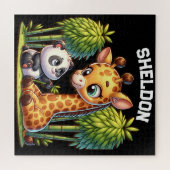 Puzzle Giraffe et Panda Nom monogrammé | (Horizontal)