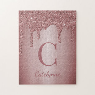 Puzzle Girly Rose Gold Sparkle Glitter Drips monogram