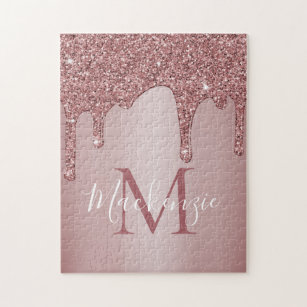 Puzzle Girly Rose Gold Sparkle Glitter Drips monogram
