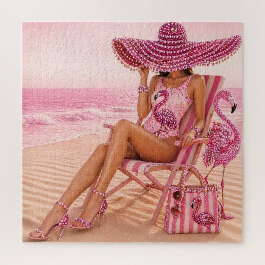 Puzzle Glam Chic Classeuse Rose Flamant Tropical Beach (Vertical)