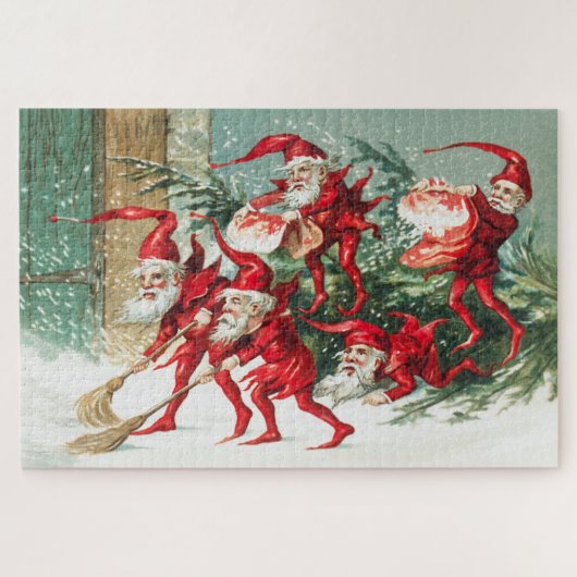 Puzzle Gnomes sweeping snow with a broom (Horizontal)