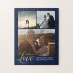 Puzzle Gold & Blue Love Couple Anniversaire Photo Collage<br><div class="desc">Ce puzzle de collage photo personnalisé présente des lettres d'or stylisées "Still in Love" avec du texte personnalisé. Remplacez ces 3 collages photo par le vôtre et personnalisez le texte avec votre nom et vos informations. Un grand cadeau personnalisé pour l'anniversaire mariage jalon. Plus de cadeaux photo sont disponibles à...</div>