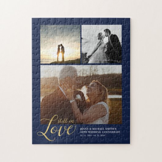 Puzzle Gold & Blue Love Couple Anniversaire Photo Collage (Vertical)