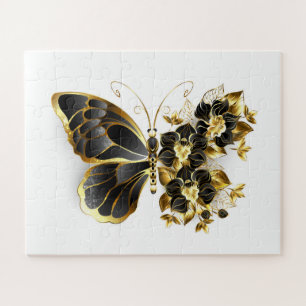 Puzzle Gold Flower Butterfly with Black Orchid