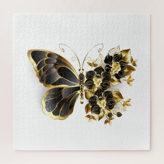 Puzzle Gold Flower Butterfly with Black Orchid (Vertical)