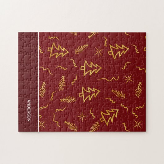 Puzzle Gold Foil Christmas Tree Pattern Red Holiday (Horizontal)