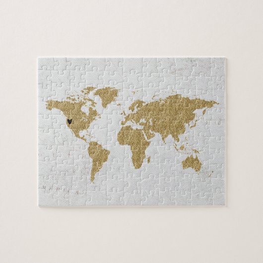 Puzzle Gold Foil World Map Custom Moveable Heart Location (Horizontal)