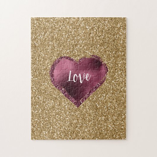 Puzzle Gold Glitter Burgundy Red Heart Love (Vertical)
