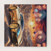 Puzzle golden luxury car in a desert landscape (Horizontal)