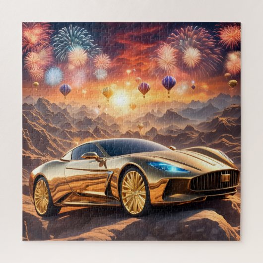 Puzzle golden luxury car in a desert landscape (Vertical)
