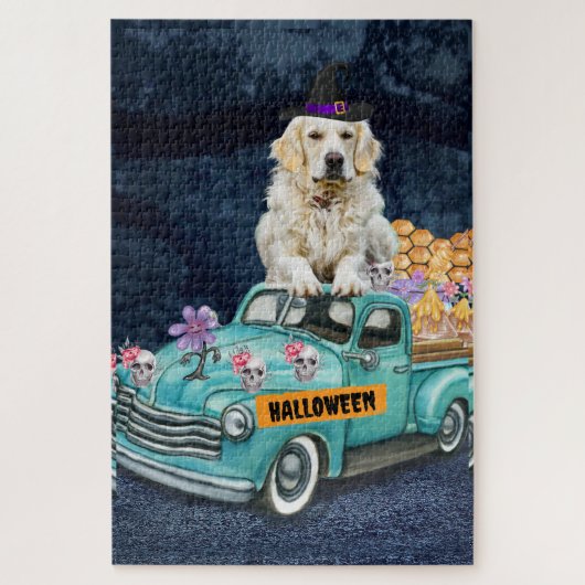 Puzzle Golden Retriever Chien Halloween Camion Effrayant (Vertical)