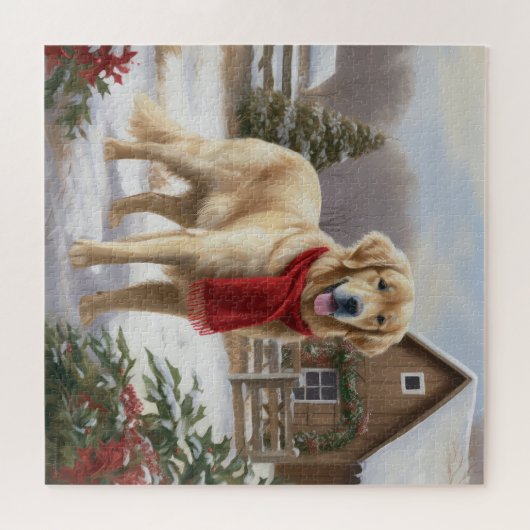Puzzle Golden Retriever Dog in Snow Christmas (Horizontal)