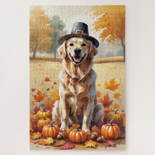 Puzzle Golden Retriever En Automne Quitte L'Art Thanksgiv (Vertical)