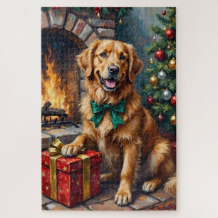 Puzzle Golden Retriever gardant patiemment un cadeau de N