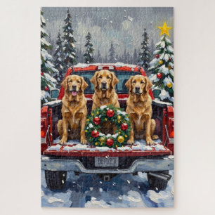 Puzzle Golden Retriever Noël Camion Rouge Fêtes