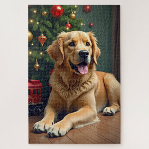 Puzzle Golden Retriever près du train jouet de Noël