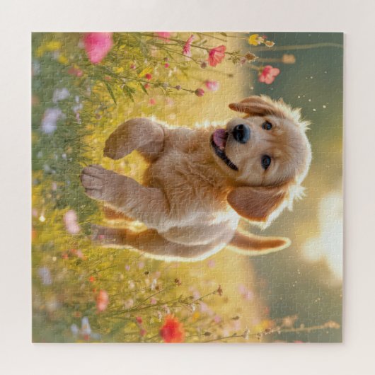 Puzzle Golden Retriever Puppy Running In a Meadow (Horizontal)