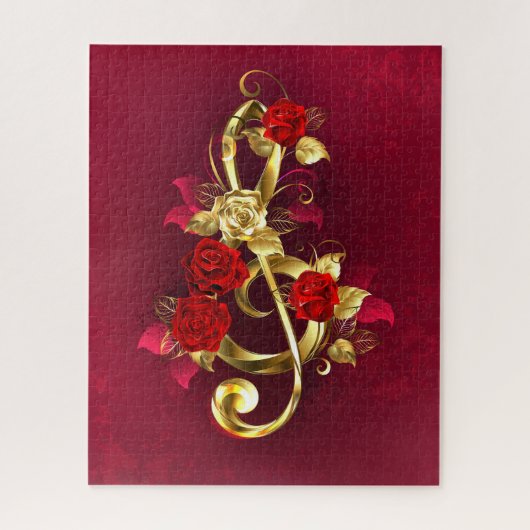 Puzzle Golden Treble Clef avec fleurs Roses (Vertical)