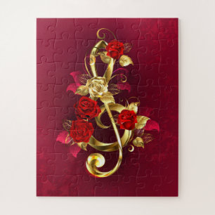 Puzzle Golden Treble Clef avec fleurs Roses
