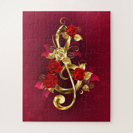 Puzzle Golden Treble Clef avec fleurs Roses (Vertical)