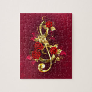 Puzzle Golden Treble Clef avec fleurs Roses