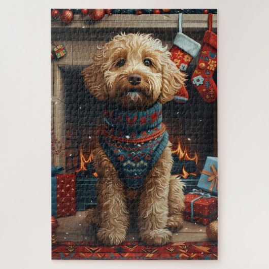 Puzzle Goldendoodle Chien Avec Cheminée Cadeaux De Noël (Vertical)