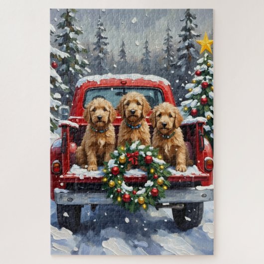 Puzzle Goldendoodle Christmas Red Truck Holiday (Vertical)