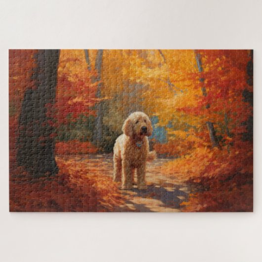 Puzzle Goldendoodle dans les feuilles d'automne qui tombe (Horizontal)