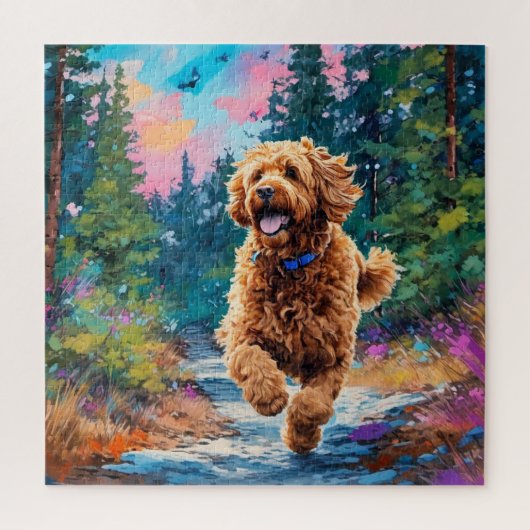 Puzzle Goldendoodle tourne dans la forêt (Vertical)