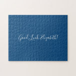Puzzle Good Luck Custom Name Script on Solid Blue Funny<br><div class="desc">Le puzzle bleu uni comporte "Good Luck,  [NAME]" dans une police de texte blanc au centre. Personnalisez le texte drôle dans la barre latérale. Fait un grand cadeau personnalisé pour quelqu'un qui aime un défi difficile. Copyright ©Claire E. Skinner. Tous droits réservés.</div>