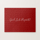 Puzzle Good Luck Custom Name Script on Solid Red Funny<br><div class="desc">Le puzzle rouge massif comporte "Good Luck,  [NAME]" dans une police de caractères blanc au centre. Personnalisez le texte drôle dans la barre latérale. Fait un grand cadeau personnalisé pour quelqu'un qui aime un défi difficile. Copyright ©Claire E. Skinner. Tous droits réservés.</div>
