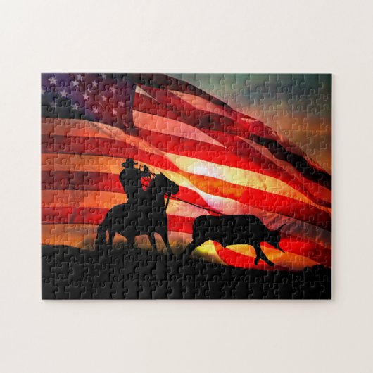 Puzzle Gotcha Cowboy et Steer avec drapeau américain (Horizontal)