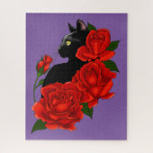 Puzzle Gothique Chat Noir Roses Rouges Violet (Vertical)