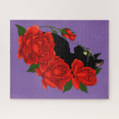 Puzzle Gothique Chat Noir Roses Rouges Violet (Horizontal)