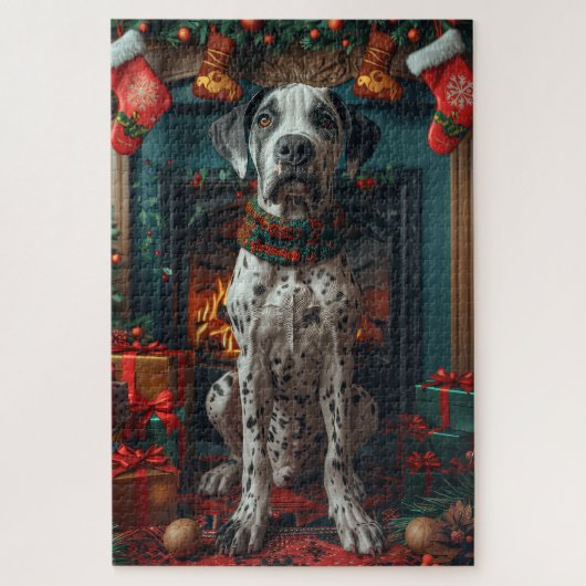 Puzzle Grand Chien Danois Avec Cheminée Cadeaux De Noël (Vertical)