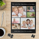 Puzzle Grand-parents 6 Photo Noir<br><div class="desc">Offrez aux meilleurs grands-parents un cadeau amusant avec ce collage photo personnalisé puzzle noir. Vous pouvez personnaliser avec six photos de famille de petits-enfants, membres de la famille, animaux de compagnie, etc, et customiser l'expression à "Je t'aime" ou "Nous t'aimons", et comment ils sont adressés "Grand-mère et grand-père", "Maman &...</div>